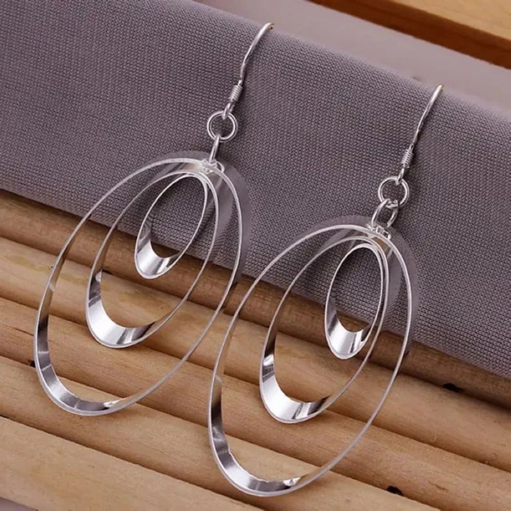 Gorgeous .925 Sterling Silver 3 Ovals Hanging Earrings - Picture 5 of 8
